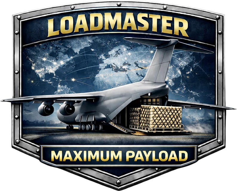 May include: A metallic shield-shaped emblem featuring a grey cargo aircraft with its rear ramp lowered, loading a pallet of crates. The text LOADMASTER appears at the top and MAXIMUM PAYLOAD at the bottom, set against a dark world map background.