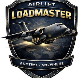 K&ouml;nnte beinhalten: Ein dunkelblaues schildf&ouml;rmiges Emblem mit einem grauen milit&auml;rischen Frachtflugzeug im Flug. Der Text AIRLIFT LOADMASTER erscheint in Gold oben, und ANYTIME ANYWHERE ist in Wei&szlig; auf einem Banner unten &uuml;ber einem Weltkartenhintergrund gedruckt.