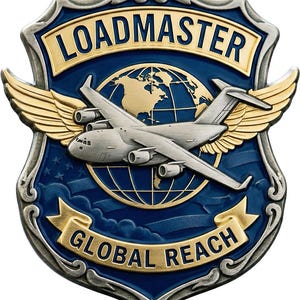 Puede incluir: Una insignia de metal en forma de escudo que presenta un avi&oacute;n de carga plateado volando sobre un globo terr&aacute;queo dorado. La insignia tiene alas doradas, un fondo azul oscuro y pancartas doradas con el texto LOADMASTER arriba y GLOBAL REACH abajo.
