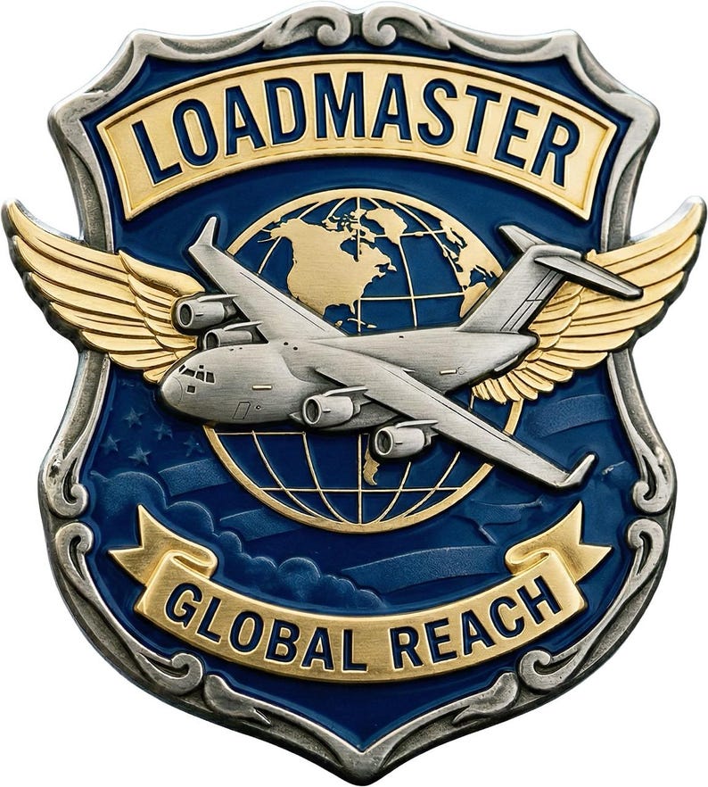 Puede incluir: Una insignia de metal en forma de escudo que presenta un avi&oacute;n de carga plateado volando sobre un globo terr&aacute;queo dorado. La insignia tiene alas doradas, un fondo azul oscuro y pancartas doradas con el texto LOADMASTER arriba y GLOBAL REACH abajo.