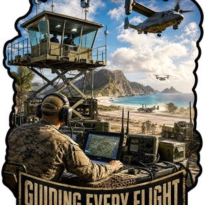 May include: A sticker featuring a military air traffic controller at a console with a laptop, overlooking a coastal airfield with V-22 Osprey aircraft in flight and on the ground. The text "GUIDING EVERY FLIGHT" is printed on a banner at the bottom.