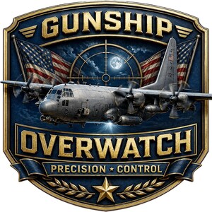 May include: A shield-shaped emblem featuring a gray military transport aircraft in flight, flanked by two American flags. The text reads GUNSHIP OVERWATCH and PRECISION CONTROL. A crosshair target and a full moon are visible in the dark blue background.