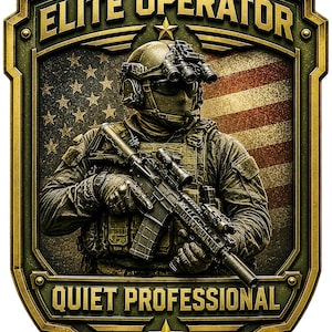 May include: A shield-shaped emblem featuring a soldier in tactical gear, night vision goggles, and a rifle. The background displays a distressed American flag. The text ELITE OPERATOR is at the top, and QUIET PROFESSIONAL is at the bottom in gold.