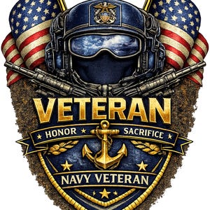 May include: A graphic design featuring a Navy veteran emblem with a central helmet, goggles, and two rifles. Two American flags flank the top. The text reads VETERAN, HONOR, SACRIFICE, and NAVY VETERAN, centered around a gold anchor on a blue shield.