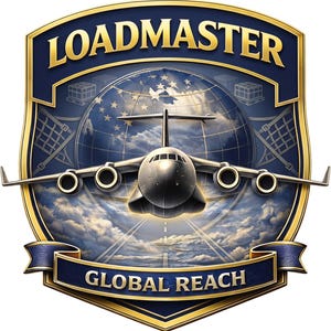 K&ouml;nnte beinhalten: Ein schildf&ouml;rmiges Emblem mit dunkelblauem Hintergrund und Goldrand. Der Text LOADMASTER steht oben, GLOBAL REACH unten. Eine zentrale Grafik zeigt ein Frachtflugzeug, das &uuml;ber einem Globus mit Wolken und Sternen fliegt.