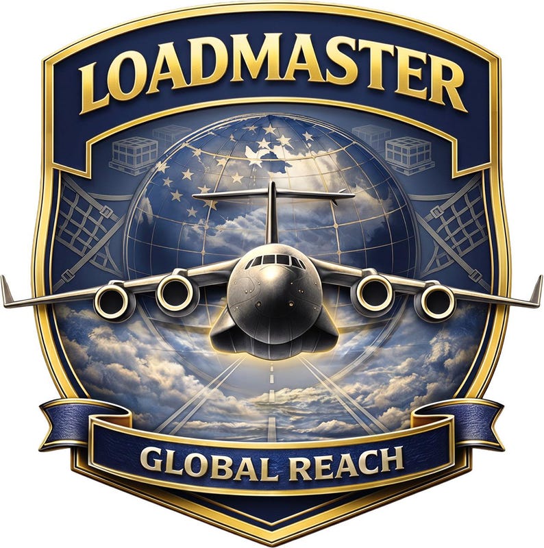 K&ouml;nnte beinhalten: Ein schildf&ouml;rmiges Emblem mit dunkelblauem Hintergrund und Goldrand. Der Text LOADMASTER steht oben, GLOBAL REACH unten. Eine zentrale Grafik zeigt ein Frachtflugzeug, das &uuml;ber einem Globus mit Wolken und Sternen fliegt.