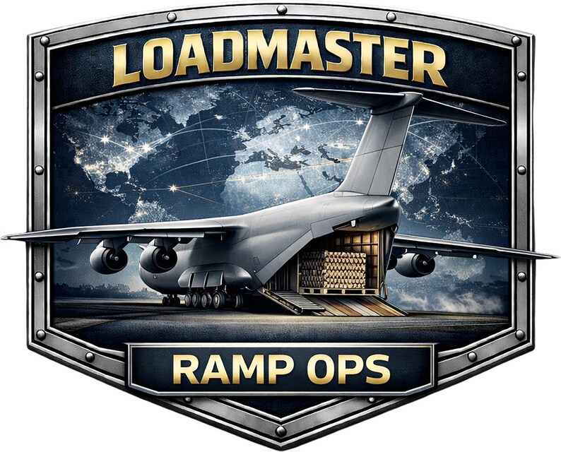 May include: A shield-shaped emblem featuring a cargo aircraft with an open rear ramp loaded with crates. The text LOADMASTER appears at the top and RAMP OPS at the bottom in gold lettering. The background displays a dark world map with light accents.