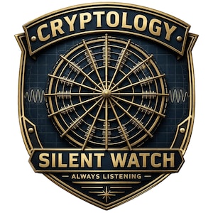 May include: A shield-shaped emblem featuring a gold circular gear mechanism at the center against a dark blue grid background. The text CRYPTOLOGY is at the top, SILENT WATCH is in the middle, and ALWAYS LISTENING is at the bottom in gold lettering.