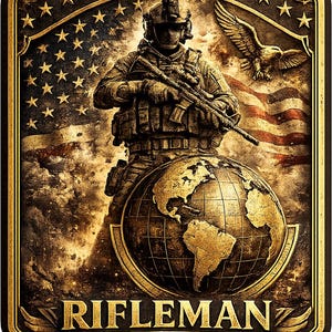 May include: A rectangular wall plaque with a gold and black finish featuring a soldier in tactical gear holding a rifle, a globe, an American flag, and a soaring eagle. The word RIFLEMAN is embossed in gold lettering at the bottom of the design.