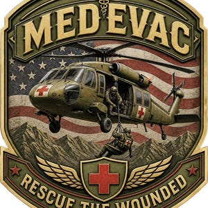 May include: A decorative emblem featuring a military helicopter with red cross symbols, hovering over mountains against an American flag background. The text MED EVAC is at the top, and RESCUE THE WOUNDED is at the bottom with a central red cross shield.