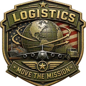 May include: A shield-shaped emblem featuring the text LOGISTICS at the top and MOVE THE MISSION at the bottom. The design includes a globe, a cargo ship, a transport aircraft, and a truck, all set against a background of the American flag.