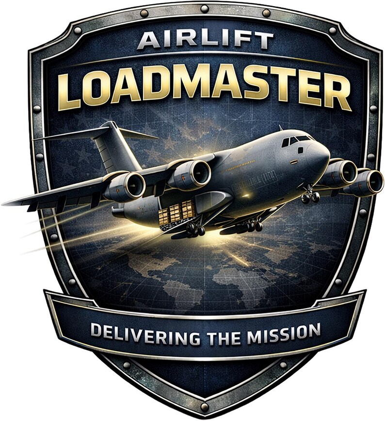 Puede incluir: Un emblema en forma de escudo que muestra un avi&oacute;n de carga militar gris en vuelo. El texto AIRLIFT LOADMASTER aparece en dorado en la parte superior, y DELIVERING THE MISSION est&aacute; escrito en blanco en una banda azul oscuro sobre un mapa.