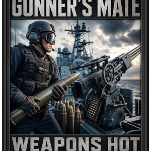 May include: A framed poster featuring a military figure in tactical gear holding a large artillery shell near a deck-mounted naval gun. The text GUNNER'S MATE is at the top and WEAPONS HOT is at the bottom. The background shows a warship at sea.