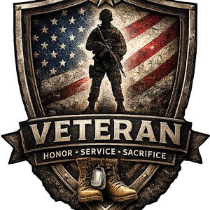May include: A shield-shaped emblem featuring a silhouette of a soldier standing before an American flag. The text VETERAN is displayed prominently above the words HONOR SERVICE SACRIFICE. A pair of boots with dog tags sits at the bottom center.