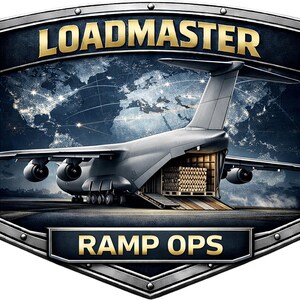 May include: A shield-shaped emblem featuring a cargo aircraft with an open rear ramp loaded with crates. The text LOADMASTER appears at the top and RAMP OPS at the bottom in gold lettering. The background displays a dark world map with light accents.