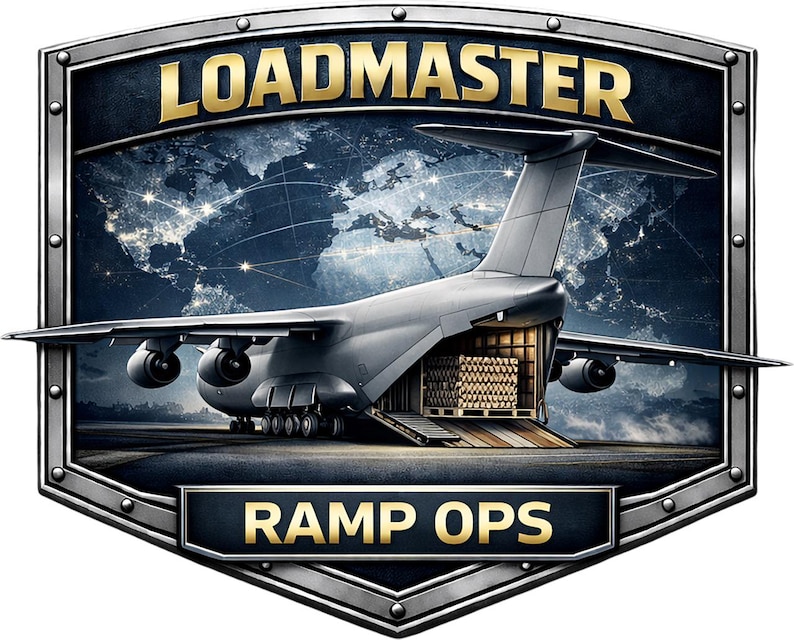 May include: A shield-shaped emblem featuring a cargo aircraft with an open rear ramp loaded with crates. The text LOADMASTER appears at the top and RAMP OPS at the bottom in gold lettering. The background displays a dark world map with light accents.