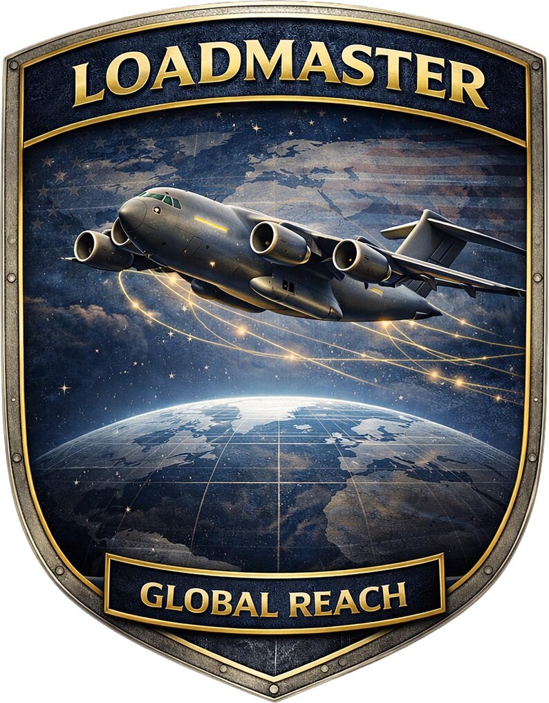 K&ouml;nnte beinhalten: Ein schildf&ouml;rmiges Emblem mit einem grauen milit&auml;rischen Transportflugzeug, das &uuml;ber einem Globus fliegt. Der Text LOADMASTER steht oben und GLOBAL REACH unten in goldener Schrift. Der Hintergrund zeigt einen dunkelblauen Himmel mit Lichtspuren.