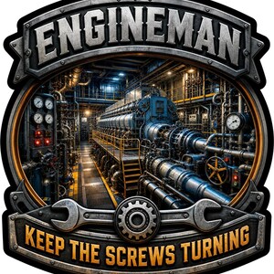 May include: A circular sticker featuring a large industrial engine room with pipes, gauges, and machinery. The top banner reads ENGINEMAN in silver, and the bottom banner reads KEEP THE SCREWS TURNING in yellow, with a wrench and gear icon in between.
