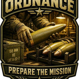 May include: A decorative sign featuring the text "ORDNANCE" at the top and "PREPARE THE MISSION" at the bottom. The central image shows olive green artillery shells, with one being held, and a wooden crate labeled "155 MM HE LOT A-22-7".
