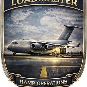 K&ouml;nnte beinhalten: Ein schildf&ouml;rmiges Emblem mit einem grauen milit&auml;rischen Frachtflugzeug auf einer Startbahn. Der Text LOADMASTER steht oben und RAMP OPERATIONS unten. Eine Weltkarte und eine US-Flagge sind im Hintergrund hinter dem Flugzeug zu sehen.