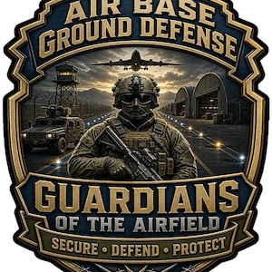May include: A shield-shaped emblem featuring a soldier in tactical gear holding a rifle, with an airfield, a military vehicle, and an airplane in the background. Text reads: AIR BASE GROUND DEFENSE, GUARDIANS OF THE AIRFIELD, SECURE • DEFEND • PROTECT.