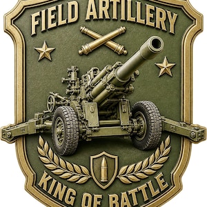 May include: A shield-shaped emblem featuring a green background with a gold border. It displays a field artillery cannon, crossed cannons, two stars, and a central bullet icon. The text reads FIELD ARTILLERY at the top and KING OF BATTLE at the bottom.