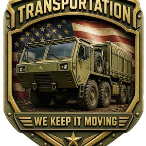 May include: A shield-shaped emblem featuring a green military transport truck in front of an American flag. The top banner reads TRANSPORTATION and the bottom banner reads WE KEEP IT MOVING. The design has a metallic gold border and a star at the base.