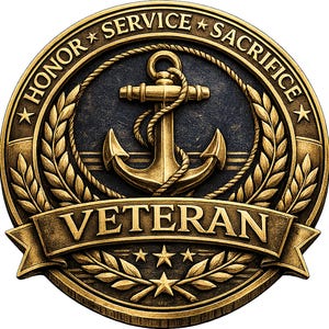 May include: A gold-colored Veteran's medallion with an anchor, rope, and laurel wreath design. The words "HONOR SERVICE SACRIFICE" are inscribed around the edge, and "VETERAN" is displayed on a banner. Stars are also included in the design.