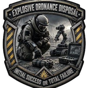 May include: A shield-shaped emblem featuring an EOD technician in a bomb suit kneeling to inspect a device, accompanied by a robotic unit and a control case. The text reads EXPLOSIVE ORDNANCE DISPOSAL and INITIAL SUCCESS OR TOTAL FAILURE.