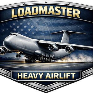 May include: A shield-shaped emblem featuring a large gray military transport aircraft on a runway. The background displays a dark blue American flag pattern. The text LOADMASTER appears at the top and HEAVY AIRLIFT is at the bottom in gold.