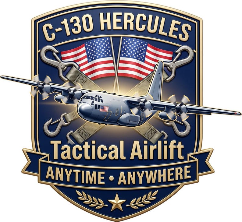 K&ouml;nnte beinhalten: Ein schildf&ouml;rmiges Emblem mit einem C-130 Hercules Flugzeug, zwei gekreuzten amerikanischen Flaggen und Metall-Lasthaken. Der Text lautet C-130 HERCULES, Tactical Airlift und ANYTIME ANYWHERE, erg&auml;nzt durch einen goldenen Stern.