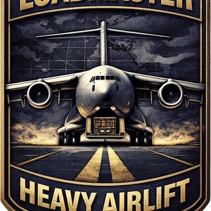 Puede incluir: Un emblema en forma de escudo que muestra un avi&oacute;n de carga en una pista con el texto LOADMASTER en la parte superior y HEAVY AIRLIFT en la parte inferior. El dise&ntilde;o incluye una estrella dorada en la base, un fondo oscuro con un mapa y letras doradas.