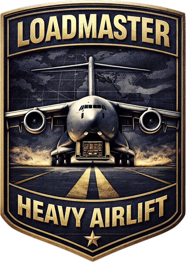 Puede incluir: Un emblema en forma de escudo que muestra un avi&oacute;n de carga en una pista con el texto LOADMASTER en la parte superior y HEAVY AIRLIFT en la parte inferior. El dise&ntilde;o incluye una estrella dorada en la base, un fondo oscuro con un mapa y letras doradas.