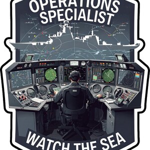 May include: A sticker featuring a naval operations specialist at a console with multiple radar screens and a silhouette of a warship. The text reads OPERATIONS SPECIALIST at the top and WATCH THE SEA at the bottom, set against a dark background.