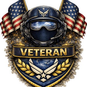 May include: A graphic illustration featuring a military helmet with goggles, flanked by two American flags. Below the helmet is a banner with the text VETERAN, positioned over a shield displaying the United States Air Force emblem with gold laurel leaves.