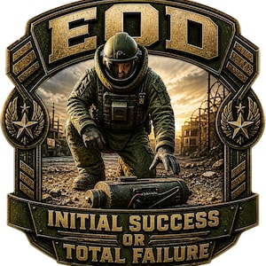 May include: A circular emblem featuring an EOD technician in a green bomb suit kneeling before a cylindrical device. The text EOD appears at the top, and the text INITIAL SUCCESS OR TOTAL FAILURE is at the bottom, framed by gold-toned borders.