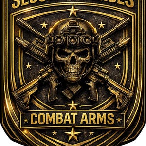 May include: A gold and black shield-shaped emblem featuring a central skull wearing a tactical helmet with night vision goggles. Two crossed rifles are positioned behind the skull. The text SECURITY FORCES appears at the top and COMBAT ARMS at the bottom.