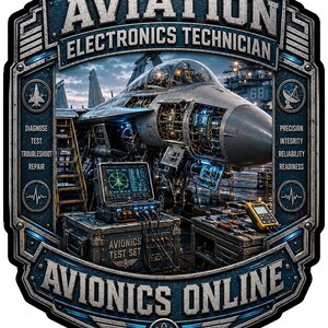 May include: A rectangular graphic sign featuring a fighter jet with exposed internal electronics. Text reads AVIATION ELECTRONICS TECHNICIAN, DIAGNOSE TEST TROUBLESHOOT REPAIR, PRECISION INTEGRITY RELIABILITY READINESS, and AVIONICS ONLINE. Includes test equipment.