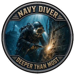 May include: A circular emblem featuring a navy diver in a vintage helmet underwater, welding a metal structure with bright sparks. The text NAVY DIVER is at the top and DEEPER THAN MOST is at the bottom in gold lettering against a dark blue background.
