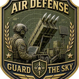 May include: A shield-shaped emblem featuring a soldier in tactical gear operating a mobile missile launcher. The text AIR DEFENSE and GUARD THE SKY is embossed in gold. The background shows a radar grid, laurel branches, and stars in olive green.
