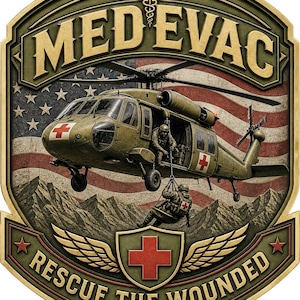 May include: A decorative emblem featuring a military helicopter with red cross symbols, hovering over mountains against an American flag background. The text MED EVAC is at the top, and RESCUE THE WOUNDED is at the bottom with a central red cross shield.