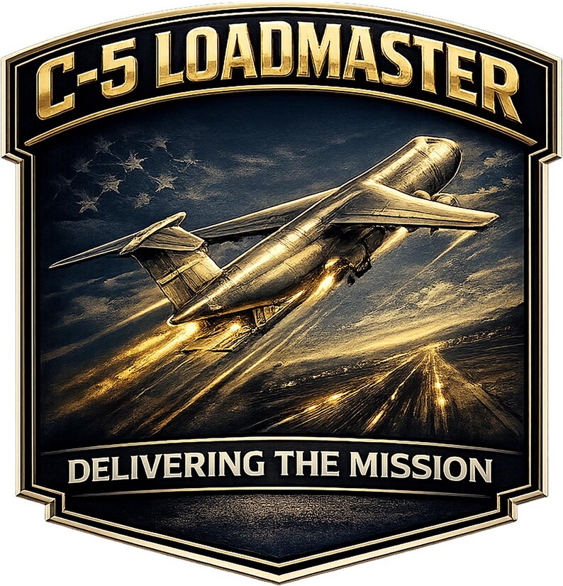 May include: A shield-shaped emblem featuring a metallic C-5 aircraft taking off with bright exhaust flames. The text C-5 LOADMASTER appears at the top and DELIVERING THE MISSION at the bottom. A faint American flag pattern is visible in the background.