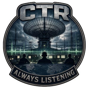 May include: A circular emblem featuring the text CTR at the top and ALWAYS LISTENING at the bottom. The design depicts three figures wearing headsets at a control console, overlooking a large satellite dish, stormy ocean, and radio wave graphs.