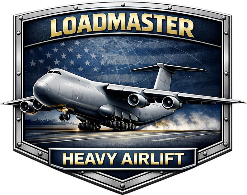 May include: A metallic shield-shaped emblem featuring a large gray cargo aircraft taking off on a runway. The background displays a dark blue American flag design. The text LOADMASTER is at the top and HEAVY AIRLIFT is at the bottom in gold letters.