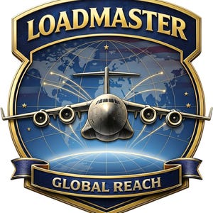 K&ouml;nnte beinhalten: Ein schildf&ouml;rmiges Emblem mit einem metallischen Frachtflugzeug, das &uuml;ber einer blauen Weltkarte zentriert ist. Der Text LOADMASTER ist oben gebogen, und GLOBAL REACH steht auf einem Banner unten. Goldene R&auml;nder umrahmen das blaue Design.