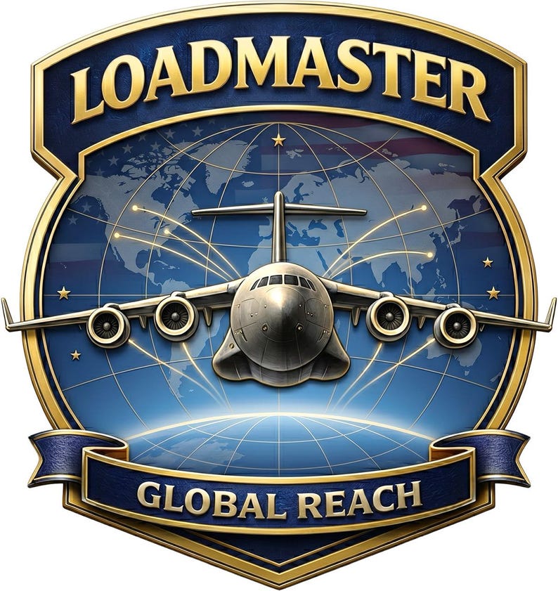 K&ouml;nnte beinhalten: Ein schildf&ouml;rmiges Emblem mit einem metallischen Frachtflugzeug, das &uuml;ber einer blauen Weltkarte zentriert ist. Der Text LOADMASTER ist oben gebogen, und GLOBAL REACH steht auf einem Banner unten. Goldene R&auml;nder umrahmen das blaue Design.
