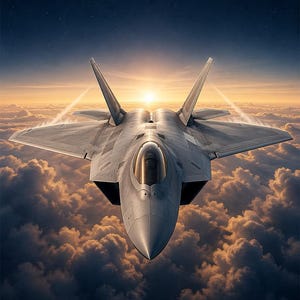 May include: A gray F-22 Raptor fighter jet flying above clouds at sunset. The text F-22 RAPTOR appears at the top in gold, and the text AIR SUPERIORITY appears at the bottom in gold with a horizontal line and a small chevron symbol below it.