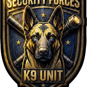 May include: A shield-shaped emblem featuring a German Shepherd head in gold and black. The text SECURITY FORCES appears at the top and K9 UNIT at the bottom. Crossed batons and a flashlight are visible behind the dog, accented by four gold stars.