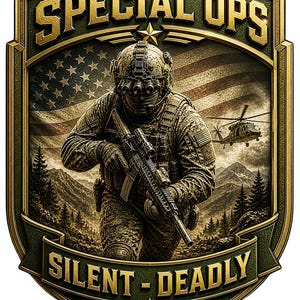 May include: A decorative emblem featuring a soldier in tactical gear holding a rifle, with a United States flag, mountains, and a helicopter in the background. The text SPECIAL OPS is at the top and SILENT - DEADLY is on a banner at the bottom.