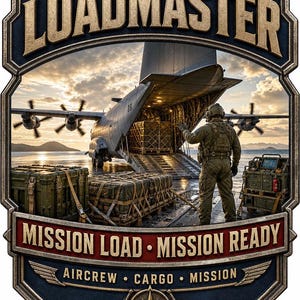 May include: A decorative sign featuring the text LOADMASTER at the top and MISSION LOAD - MISSION READY in the center. The image depicts a military transport aircraft with an open cargo ramp, loaded pallets, and a crew member in olive green gear.